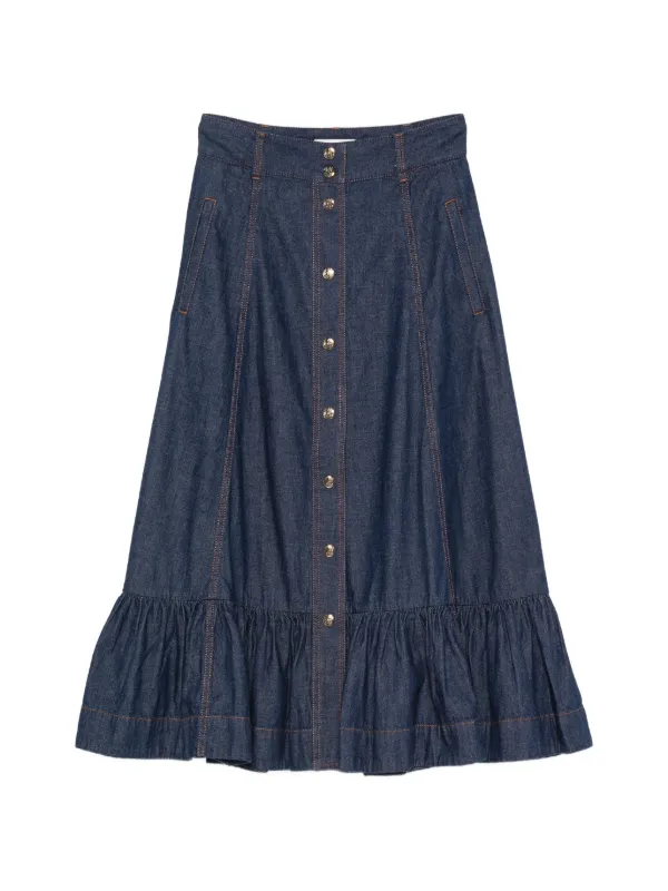Zimmermann Aster Denim Frill Midi Skirt in Blue