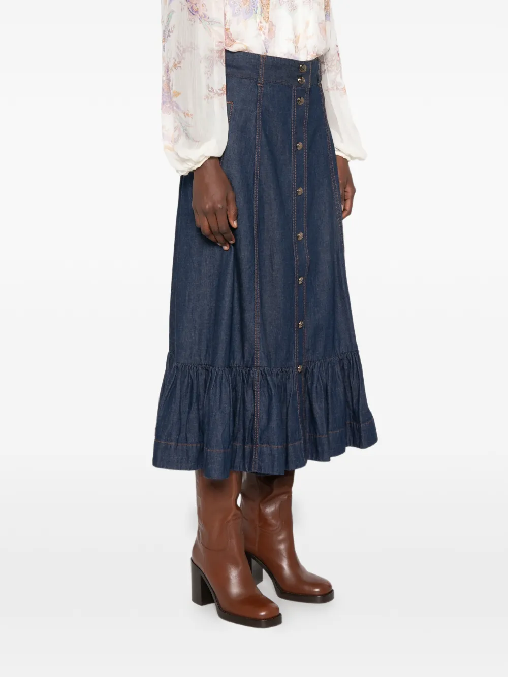 ZIMMERMANN Aster denim maxi-rok met ruches Blauw