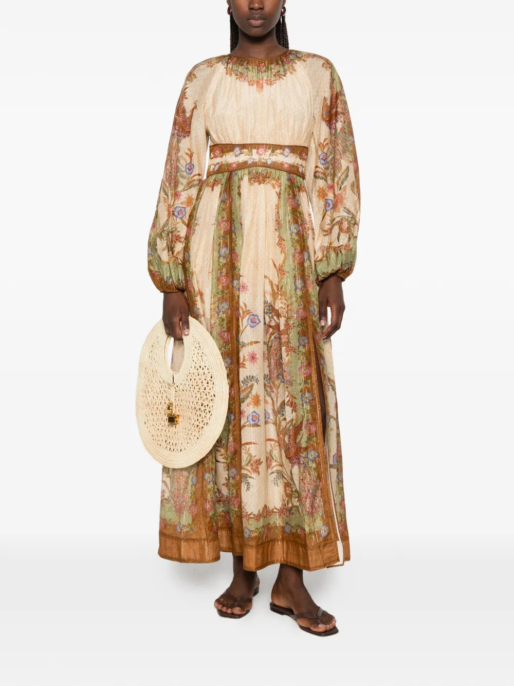 ZIMMERMANN Indra getailleerde maxi-jurk met bloemen-print Beige