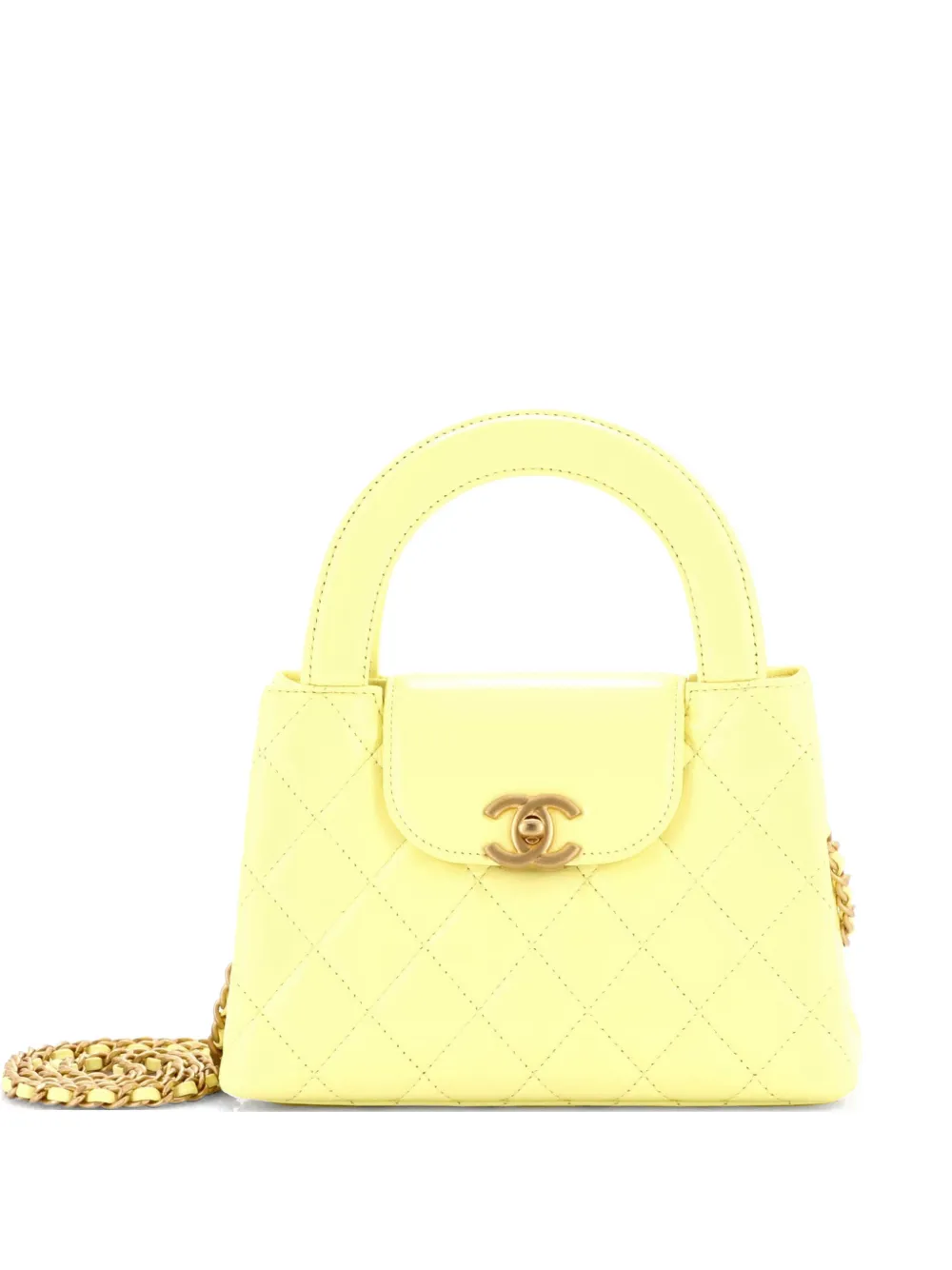 CHANEL Pre-Owned Borsa a tracolla Kelly mini in pelle di vitello trapuntata lucida con manico - Giallo