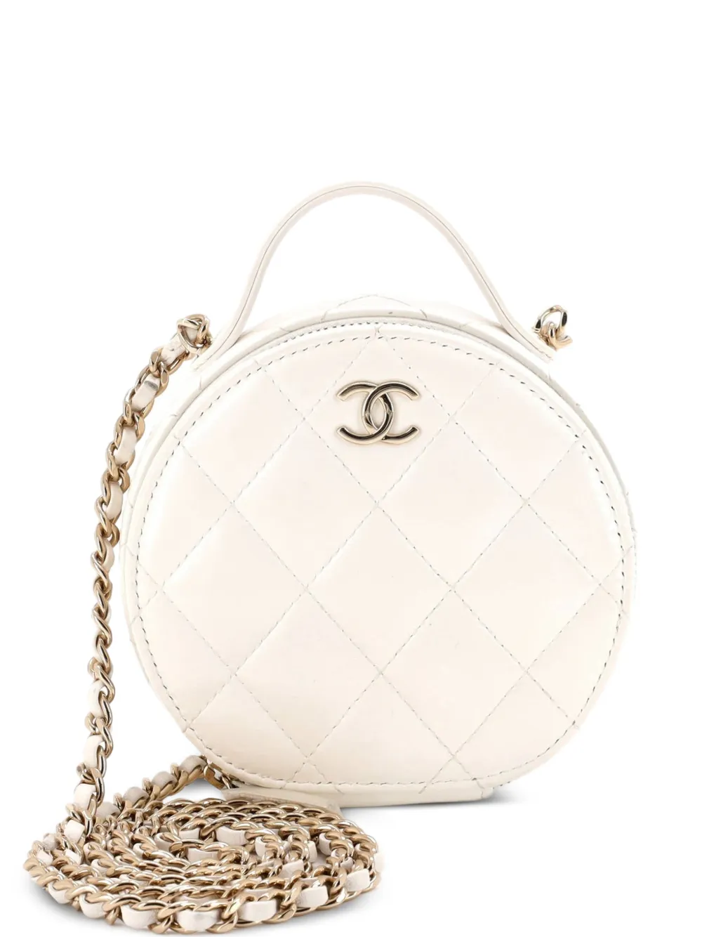 CHANEL Pre-Owned Borsa a tracolla Vanity Case tonda piccola in pelle di agnello trapuntata con manico catena - Bianco