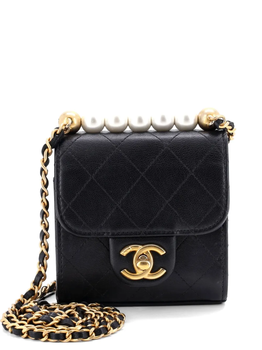 CHANEL Pre-Owned Borsa a tracolla Chic Pearls mini in pelle di capra trapuntata con catena - Nero