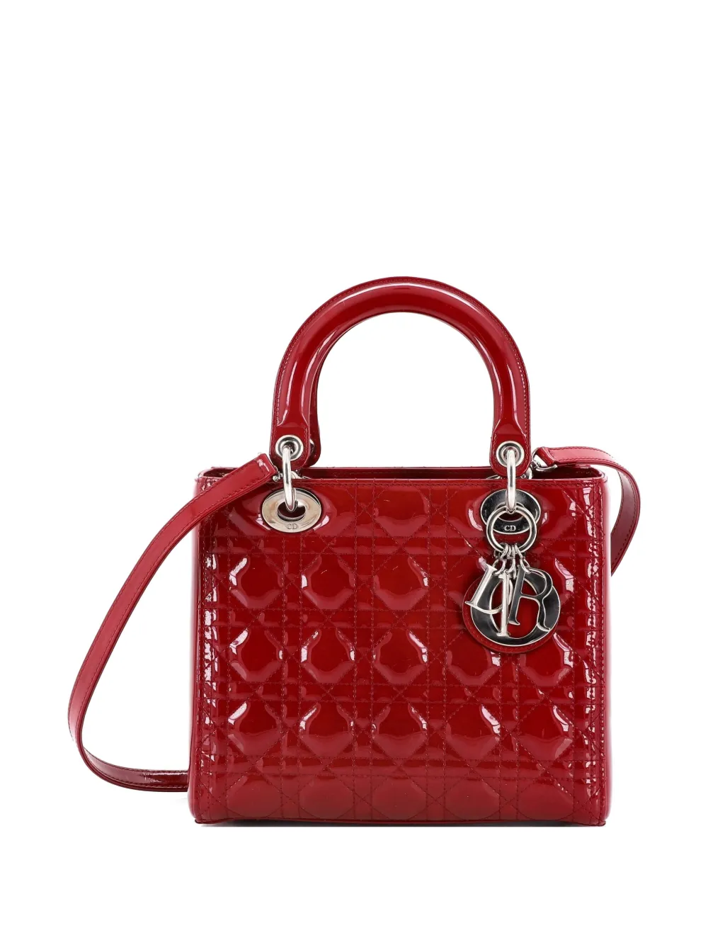 Christian Dior Pre-Owned Mittelgroße Lady Dior Cannage Satchel-Tasche aus gestepptem Lackleder - Rot