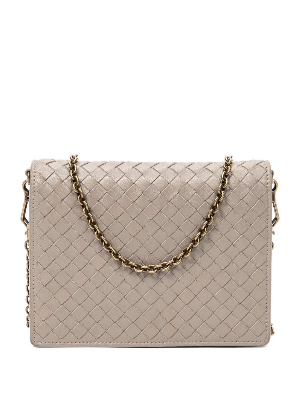 Pre-owned Bottega Veneta Flap Wallet On Chain Woven-design Shoulder Bag In Neutral