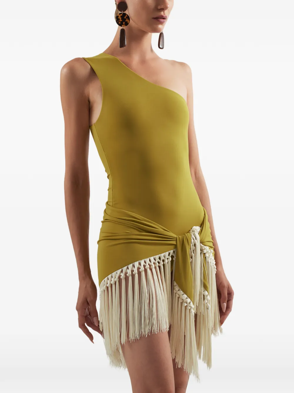 Taller Marmo Yacare One-shoulder Fringed Swimsuit in Green, view 2