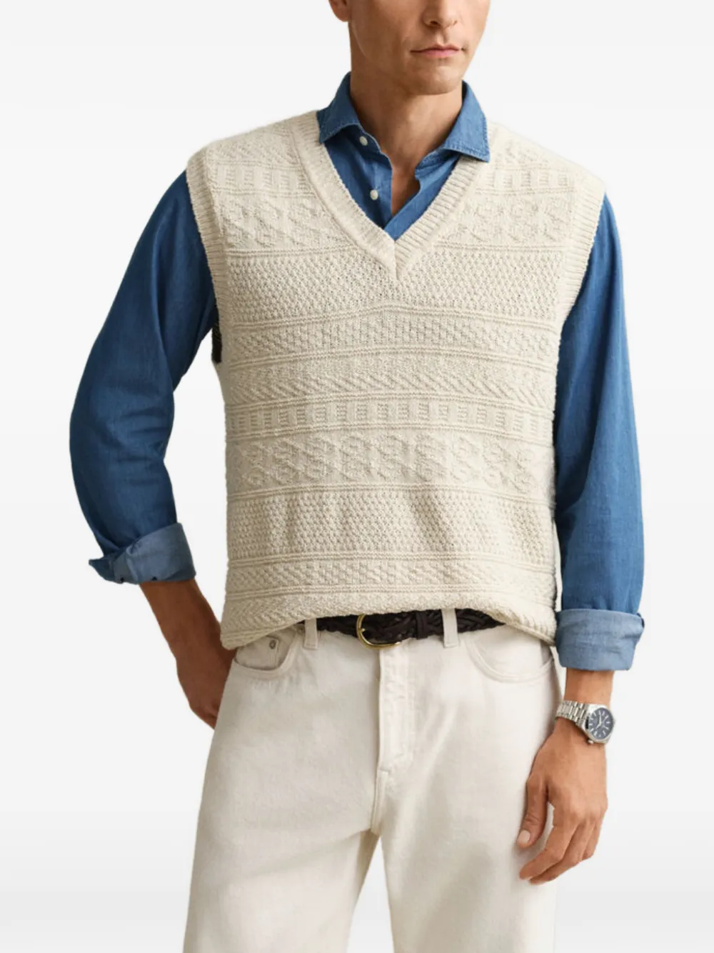  Gant Textured V-neck Knit Vest - Neutrals 