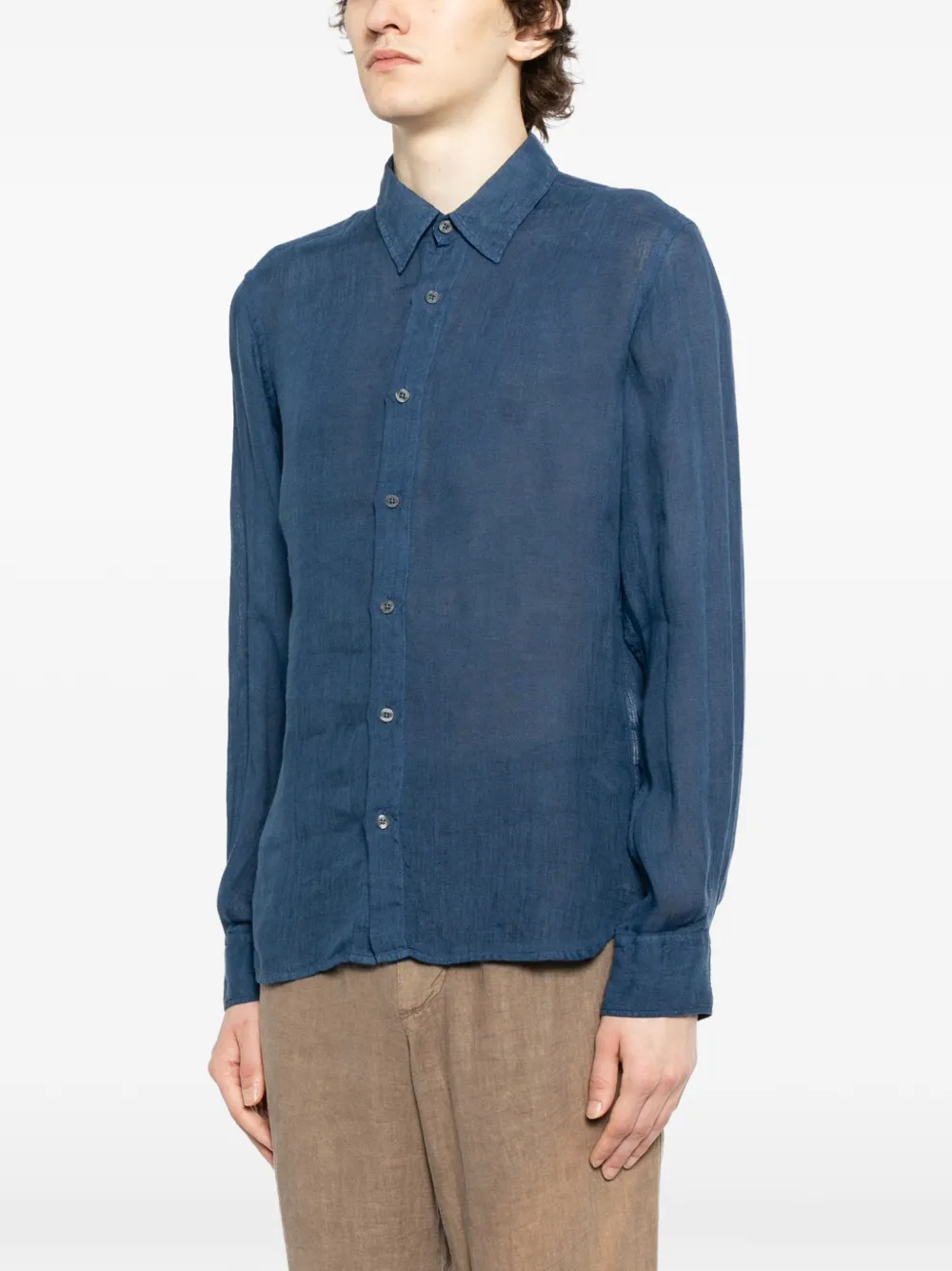  120% Lino Camicia Con Bottoni - Blu 