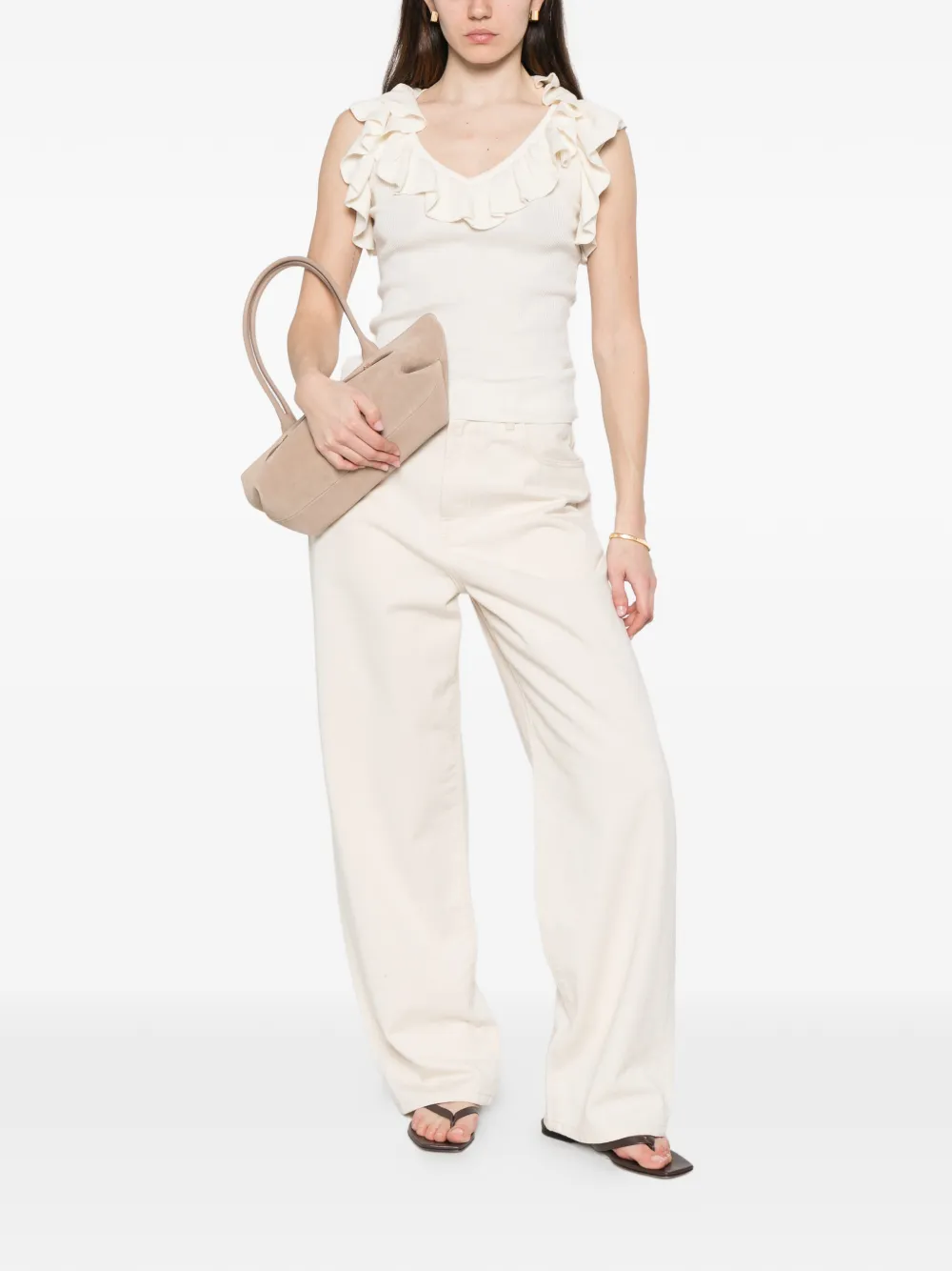  Marella Matassa Ruffled V-neck Top - Neutrals 