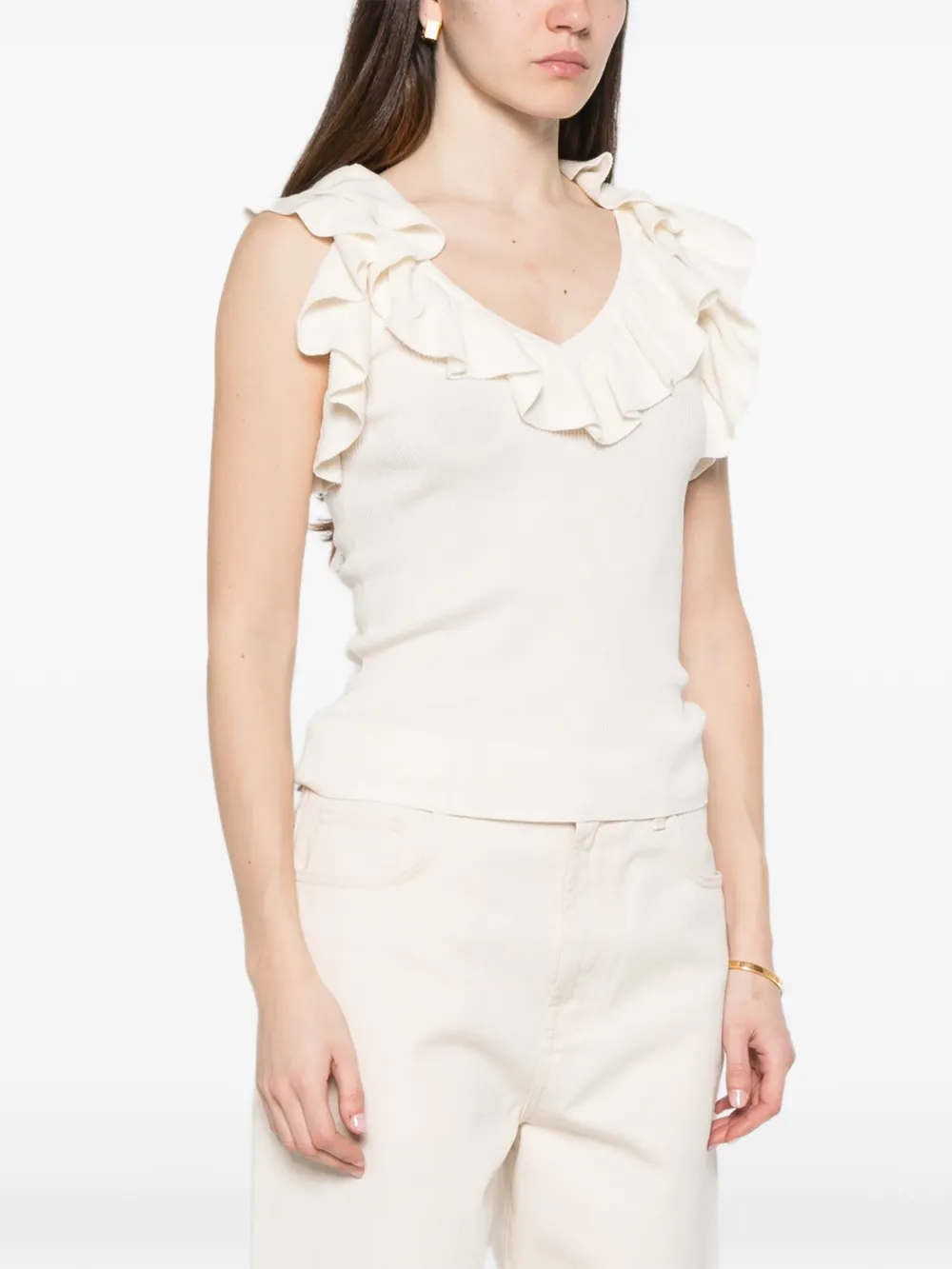  Marella Matassa Ruffled V-neck Top - Neutrals 