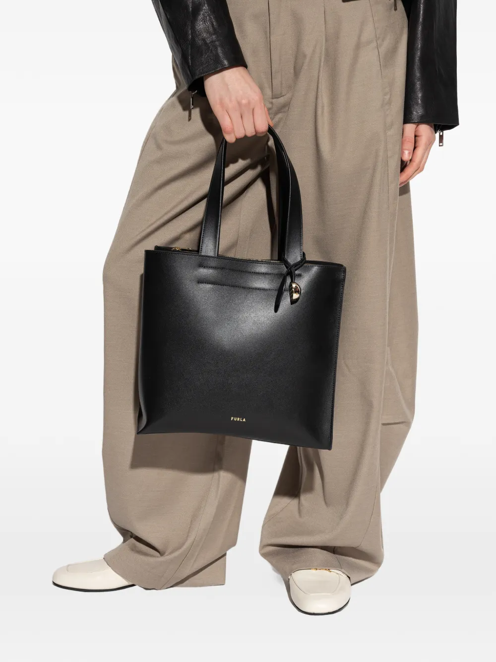 Furla Medium Divide leren shopper met handvat Zwart