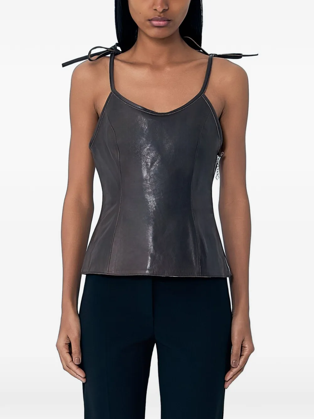 OUR LEGACY tie-straps leather corset top - Marrone