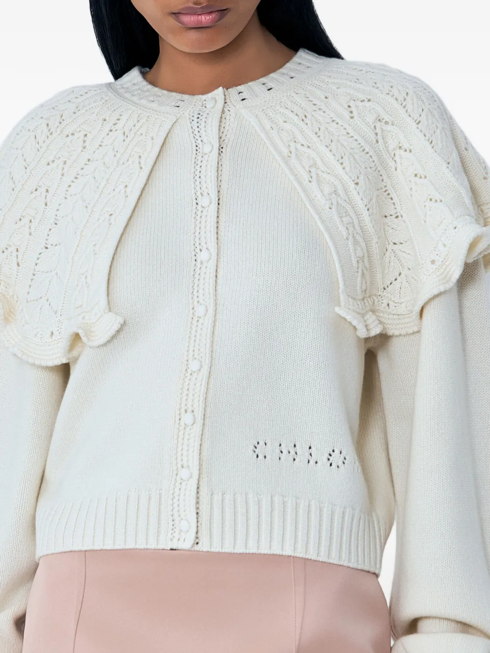 Chloé Cropped Ruffled Pointelle-knit Wool And Cashmere-blend Cardigan In White