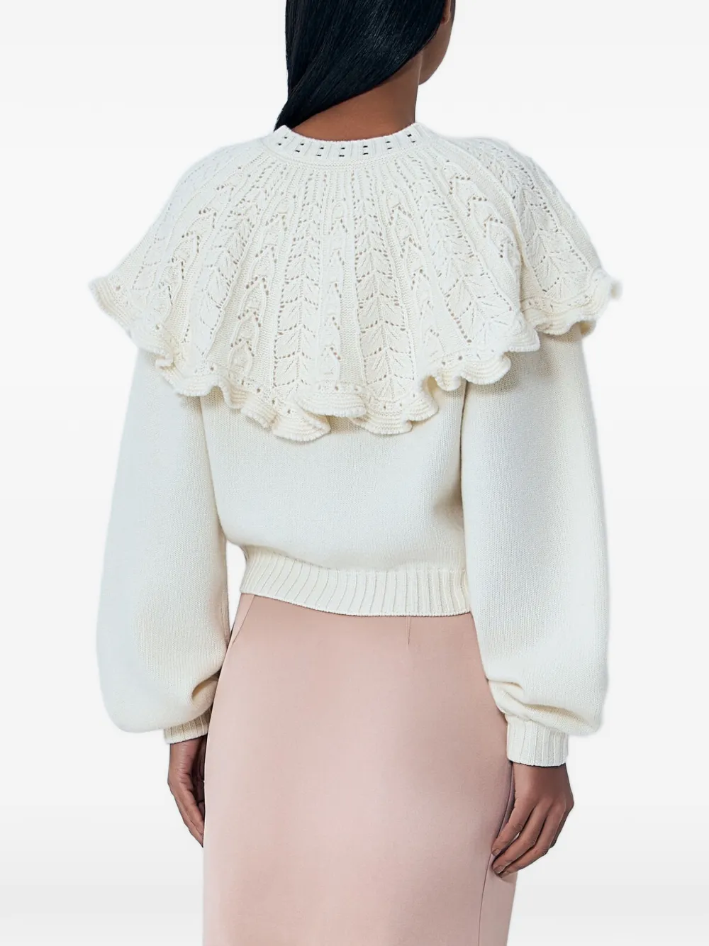 Chloé Cropped Ruffled Pointelle-knit Wool And Cashmere-blend Cardigan In White