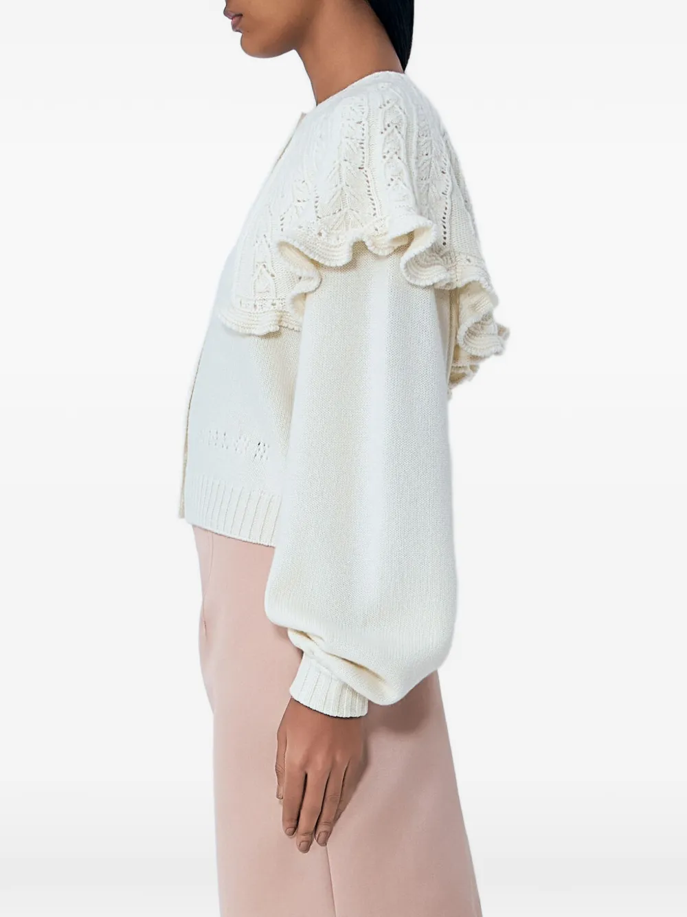 Chloé Cropped Ruffled Pointelle-knit Wool And Cashmere-blend Cardigan In White