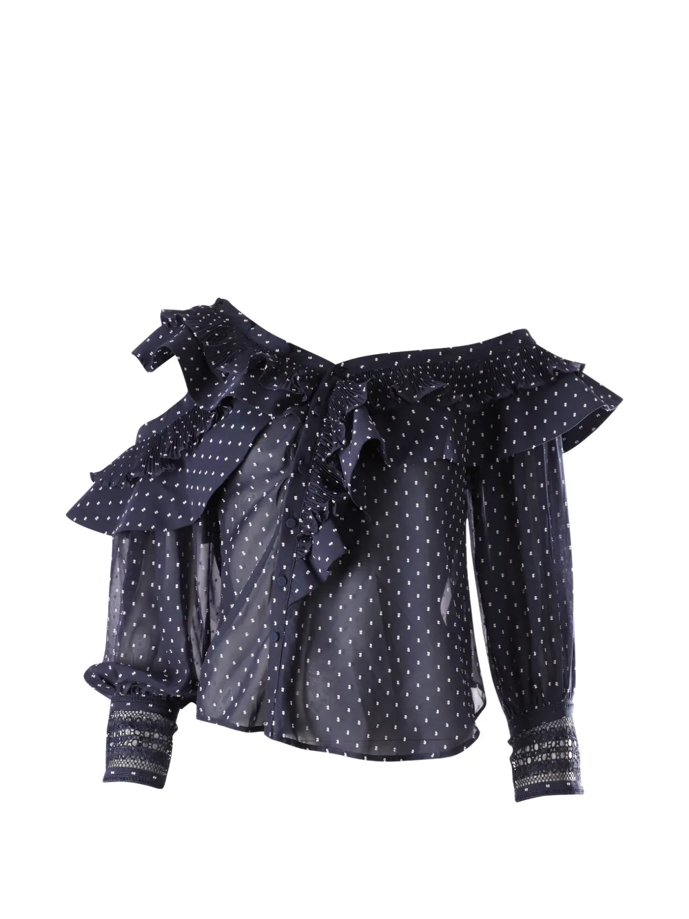 Self-Portrait plumetis frilled one-shoulder top - Blue