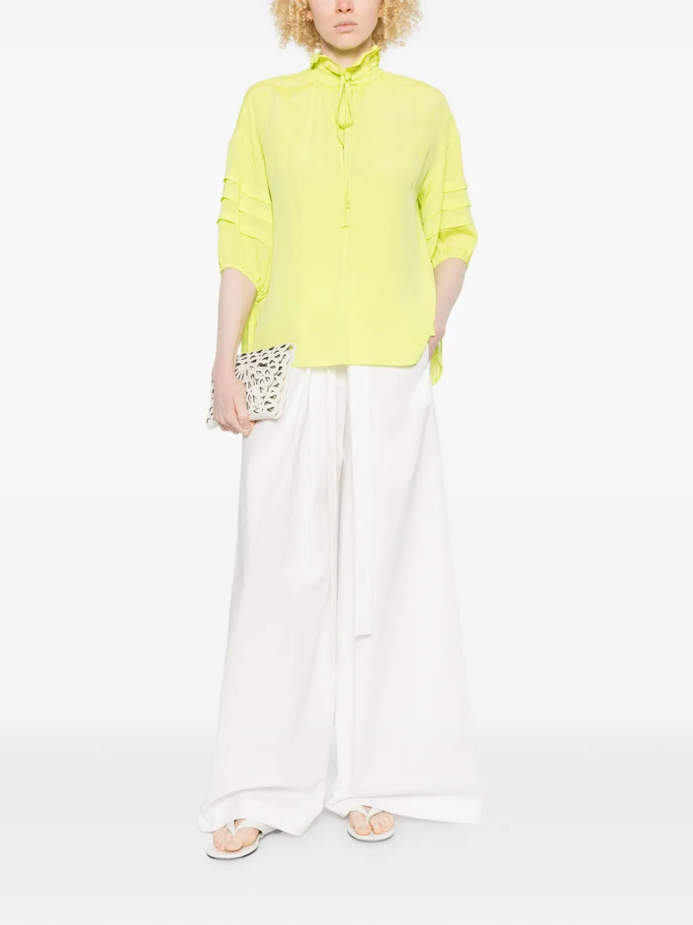  Psophia Tie-neck Pleated-sleeve Blouse - Green 