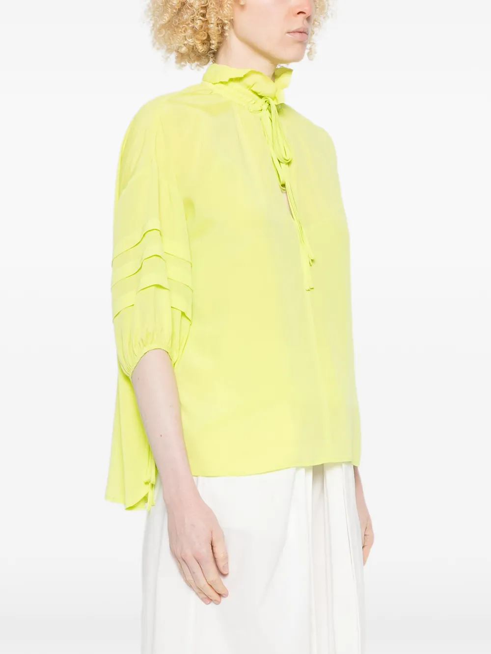  Psophia Tie-neck Pleated-sleeve Blouse - Green 