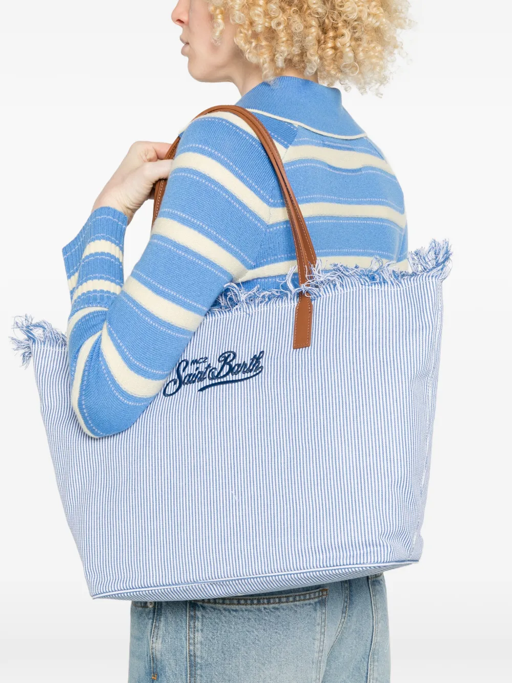  Mc2 Saint Barth Fringed-detail Striped-pattern Tote Bag - Blue 
