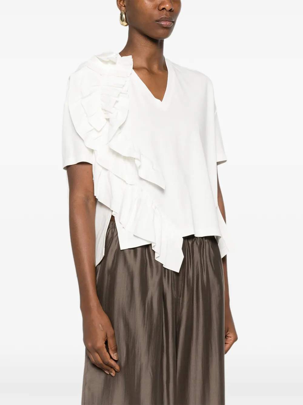  Psophia Ruffled V-neck T-shirt - White 
