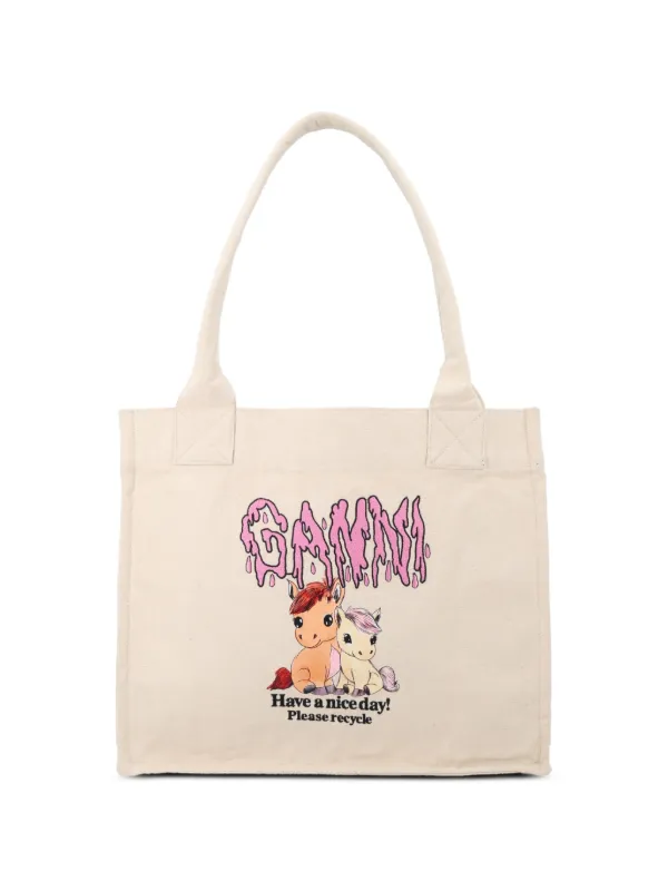 Ganni Large Graphic Pony Tote Bag in Neutrals
