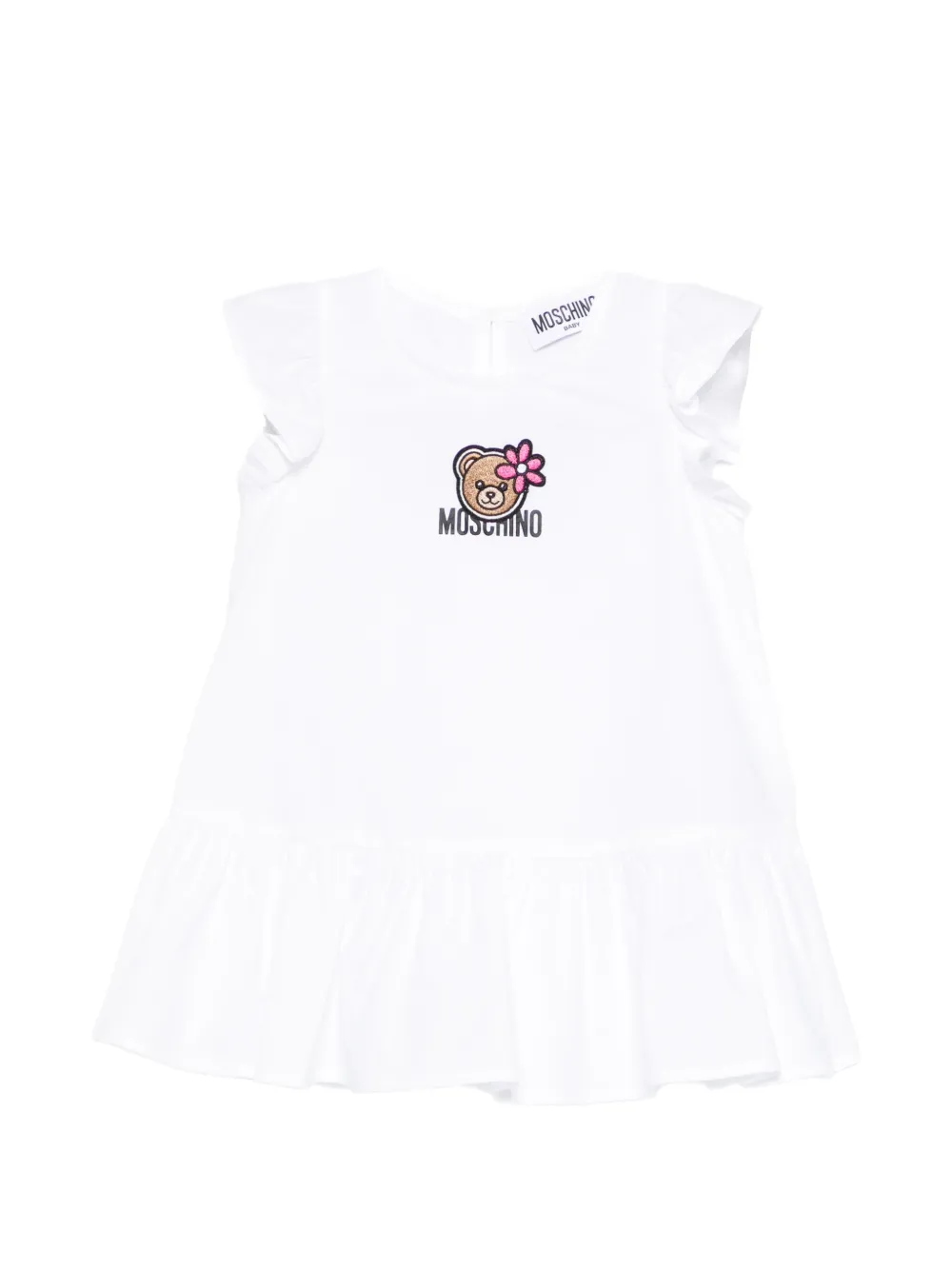 Moschino Kids bear-embroidered ruffled dress - White