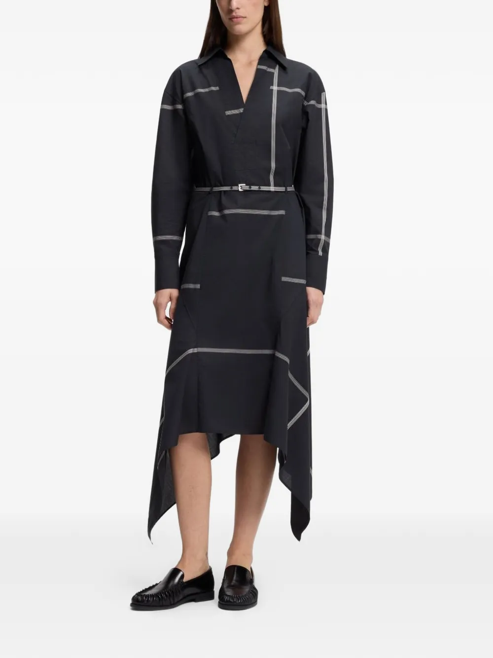 Hugo Boss Checked Shirt Dress In Cotton Canvas In Black