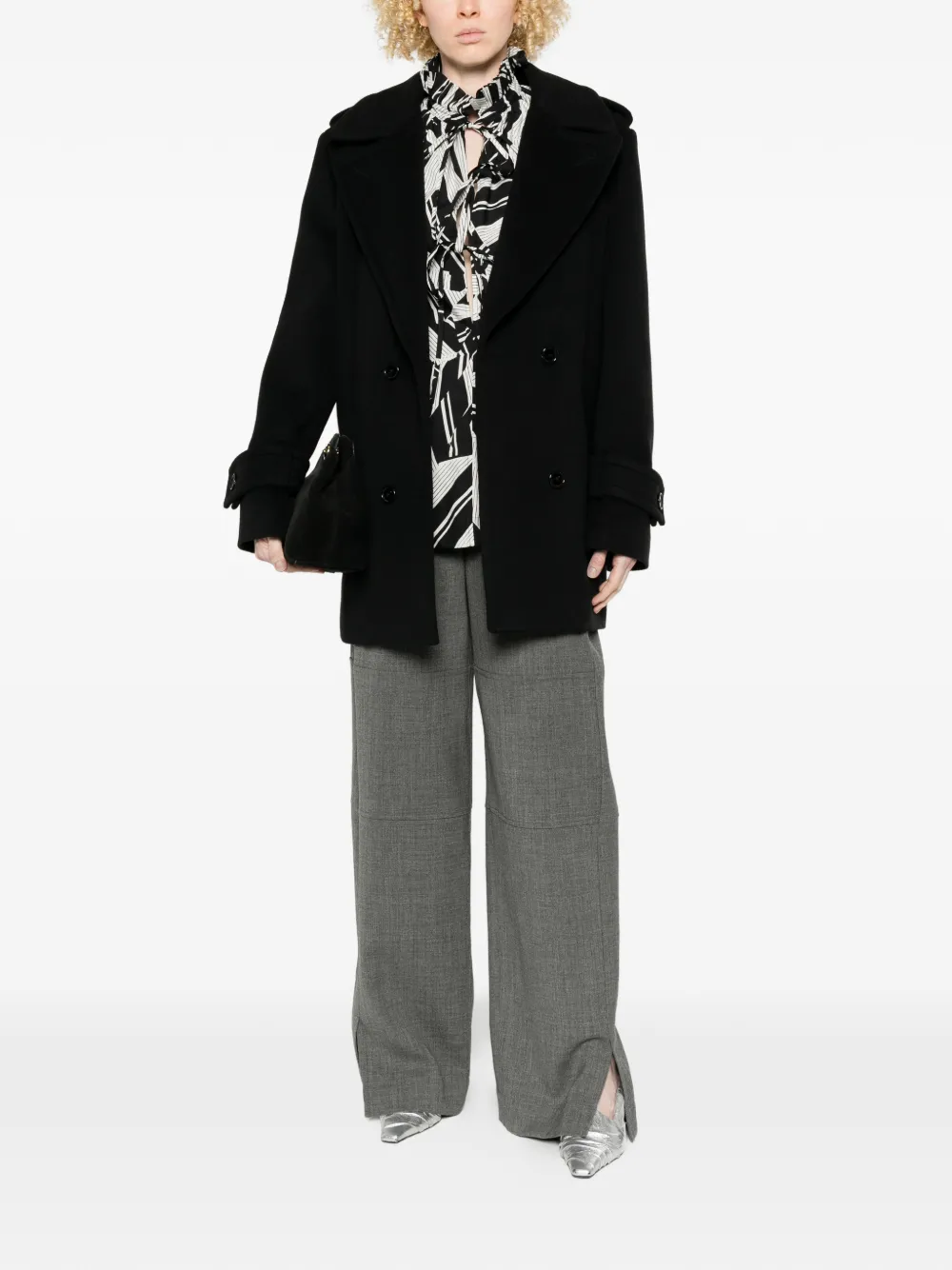 Nina Ricci Double-breasted Reefer Coat in Black, view 2