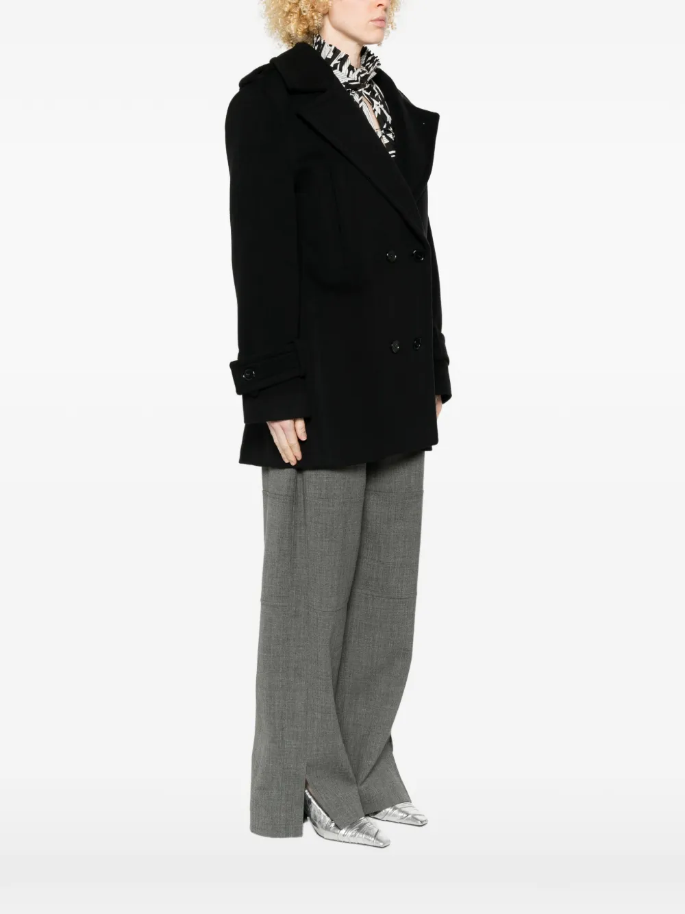 Nina Ricci Double-breasted Reefer Coat in Black, view 3