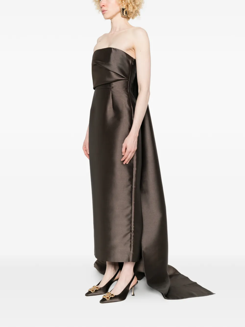 Solace London Kiki strapless maxi-jurk met split Bruin