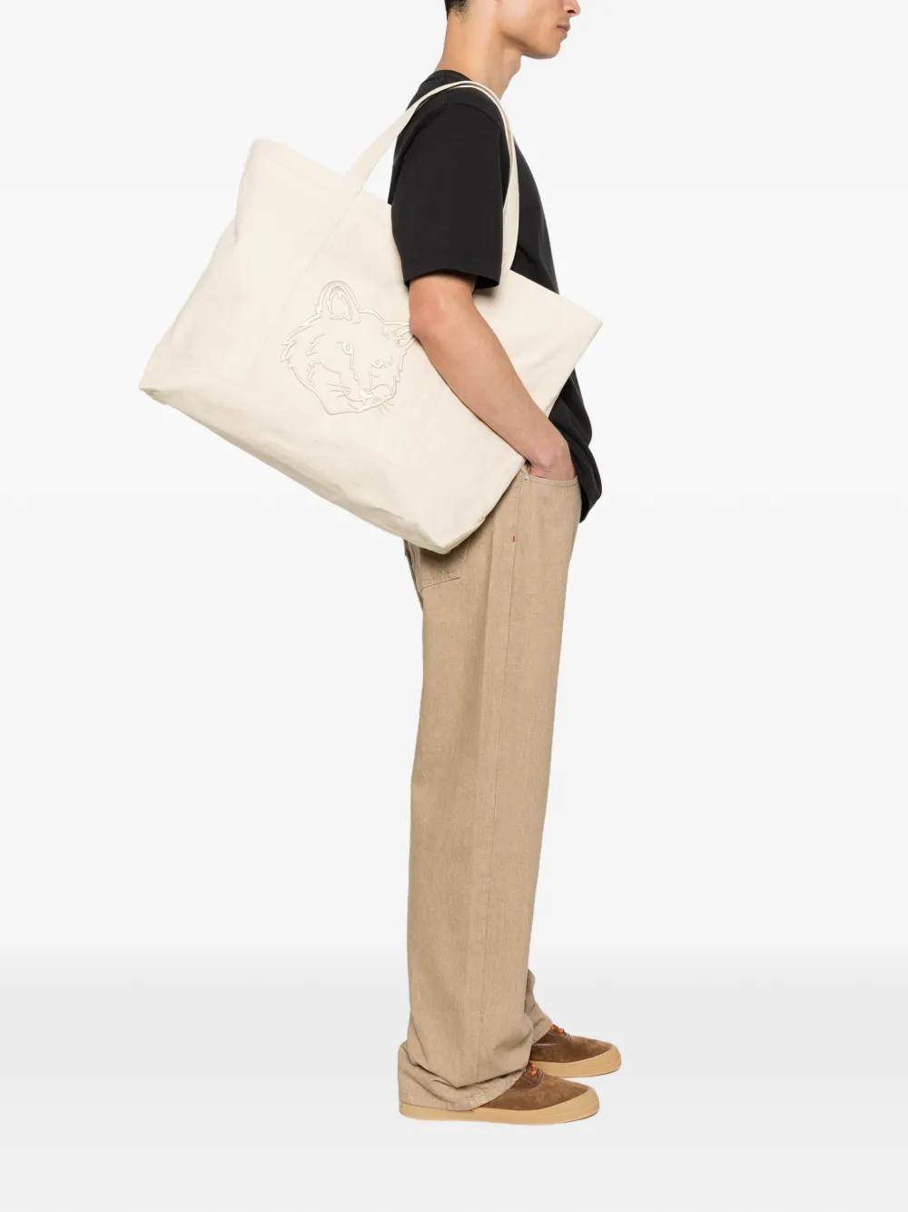 Maison Kitsuné XL shopper met vossen-logo Beige