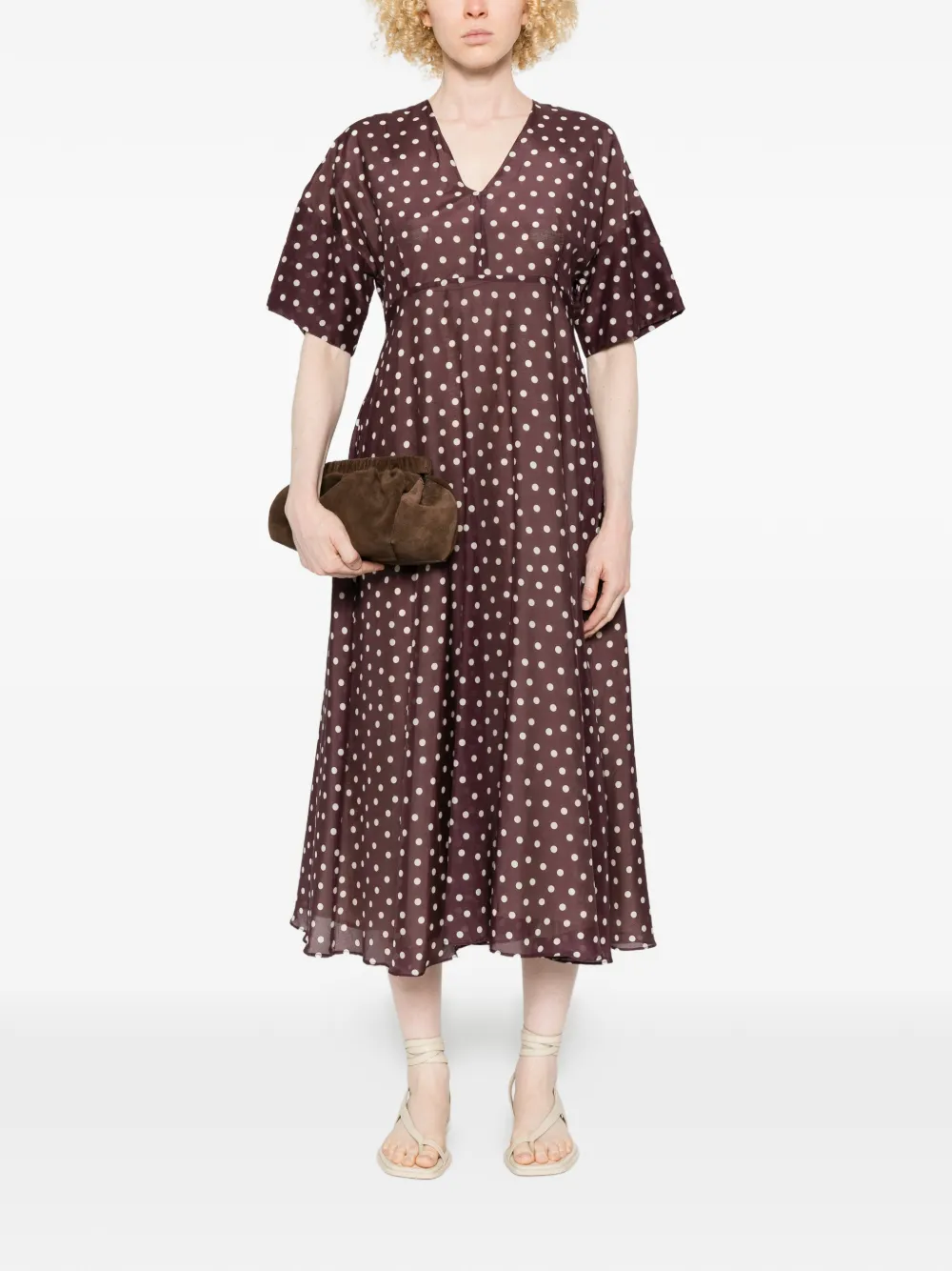  Psophia Polka-dot V-neck Midi Dress - Brown 