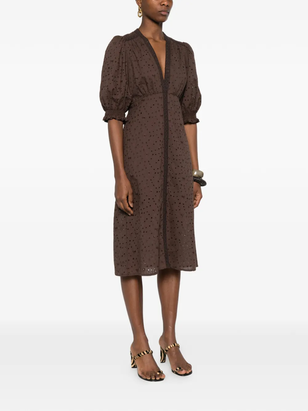  Twinset Puff-sleeve Midi Dress - Brown 