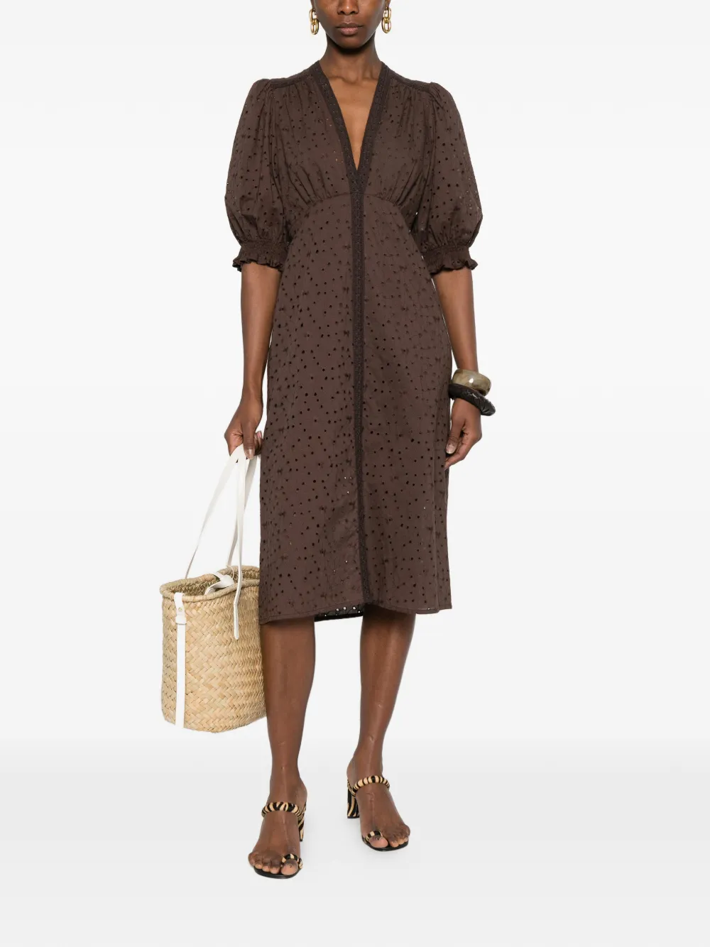  Twinset Puff-sleeve Midi Dress - Brown 