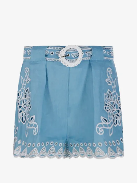 FARM Rio floral-embroidered belted shorts