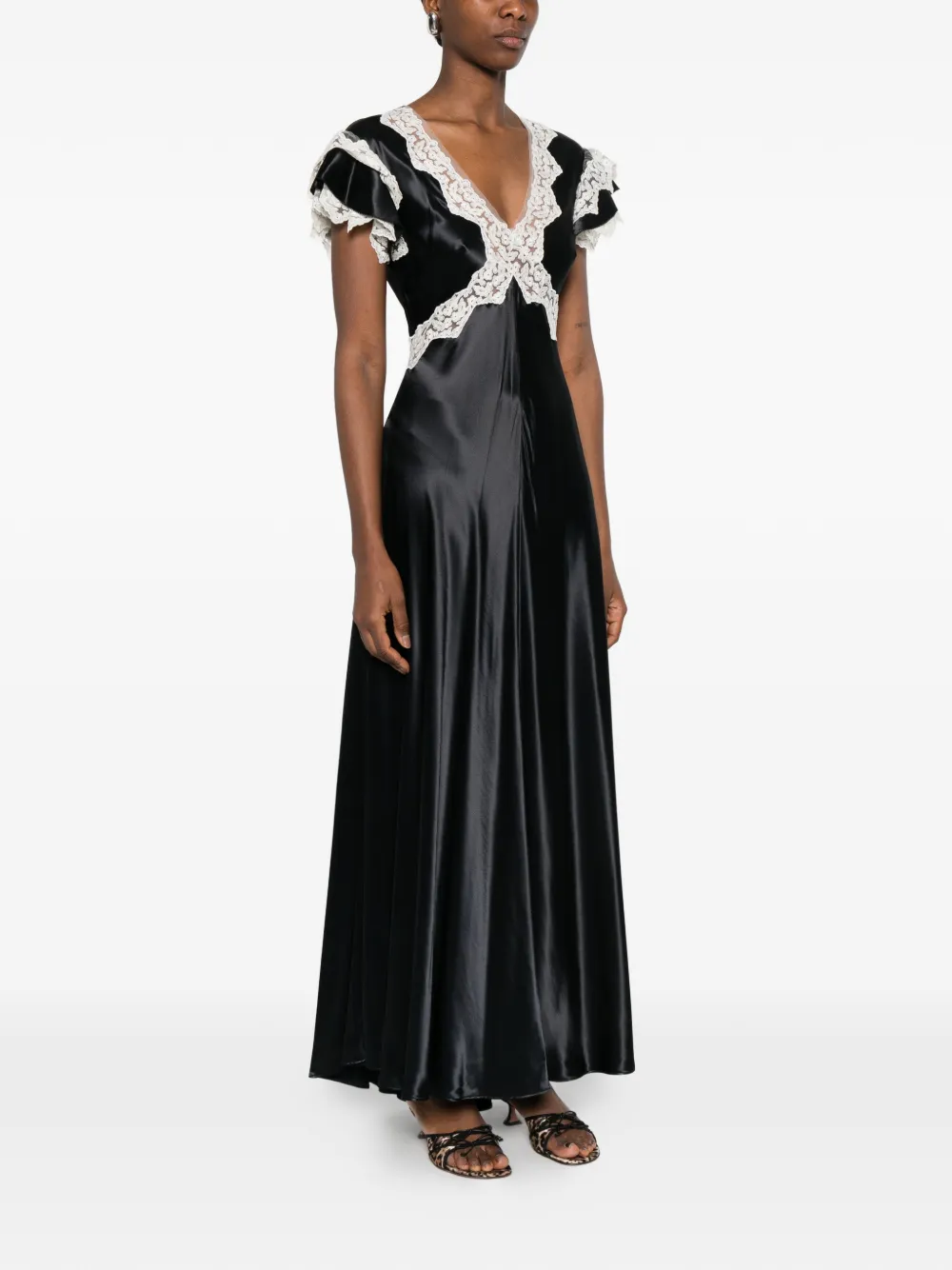 Alberta Ferretti Maxi-jurk met afwerking van kant en V-hals Zwart