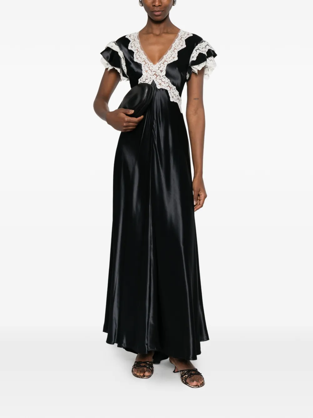 Alberta Ferretti Maxi-jurk met afwerking van kant en V-hals Zwart