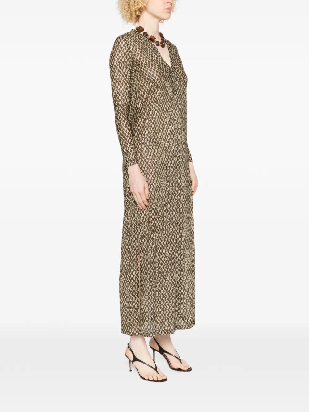  Siyu V-neck Patterned Maxi Dress - Brown 