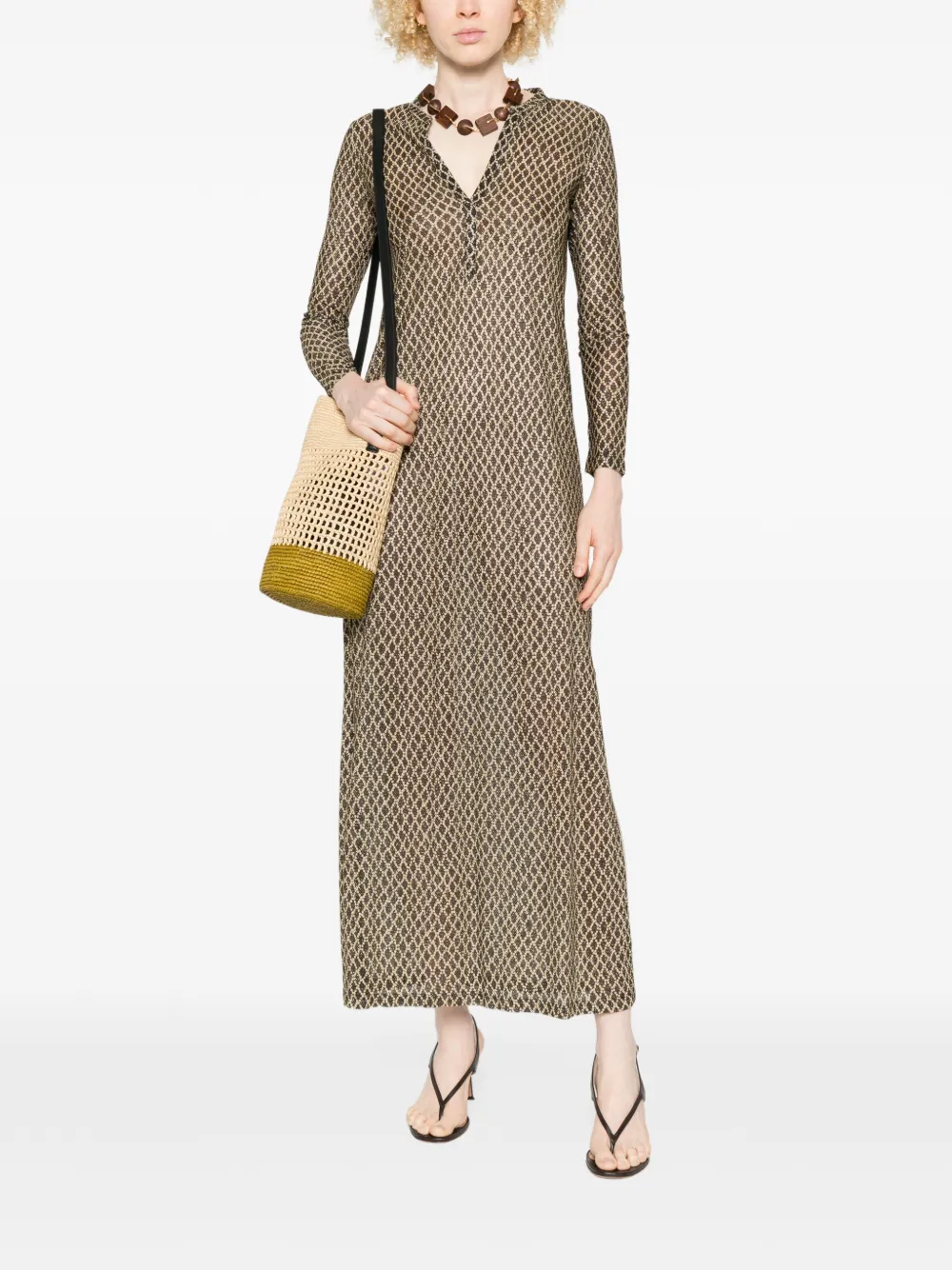  Siyu V-neck Patterned Maxi Dress - Brown 