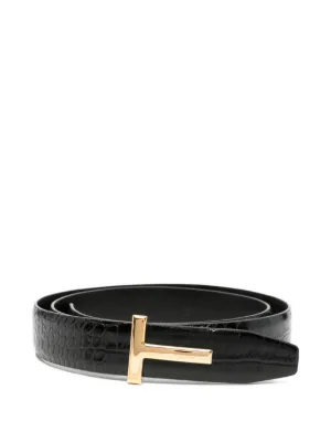 TOM FORD トムフォード 黒 レザーベルト T字型バックル クロコ TOM FORD T Icon クロコエンボス ベルト | ブラック | FARFETCH JP