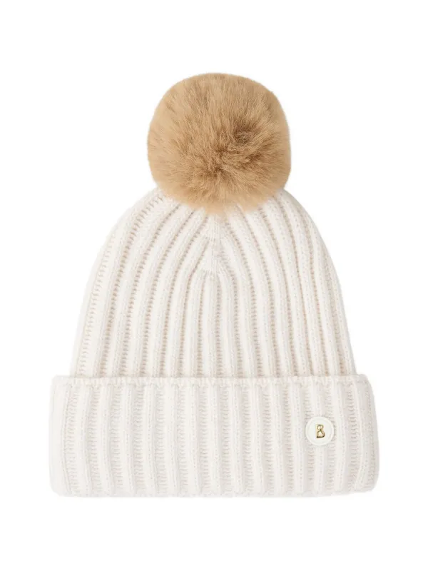Bogner Ranya Ribbed Pompom Beanie Hat in Neutrals