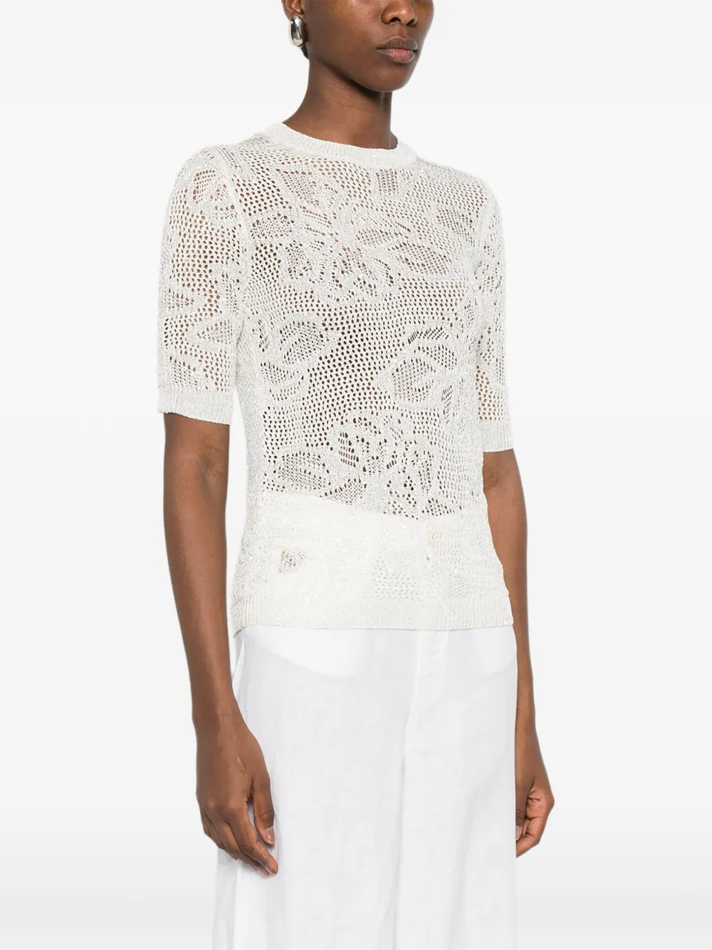 Fabiana Filippi Opengewerkt T-shirt met glitters Beige