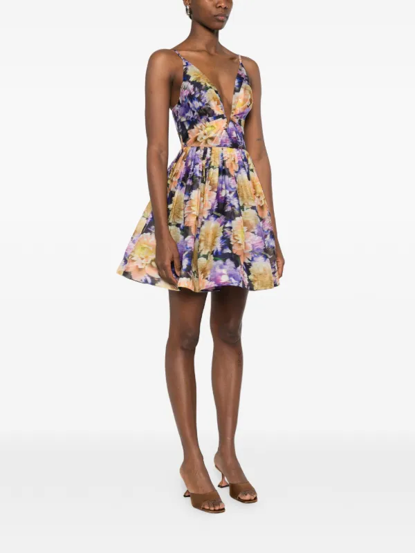 zimmermann purple floral dress Halliday Swing Mini Dress, Yellow/Lilac Floral, Size 2 seam pockets Concealed back zip closure 53% linen/47% silk Lining zimmermann floral dress