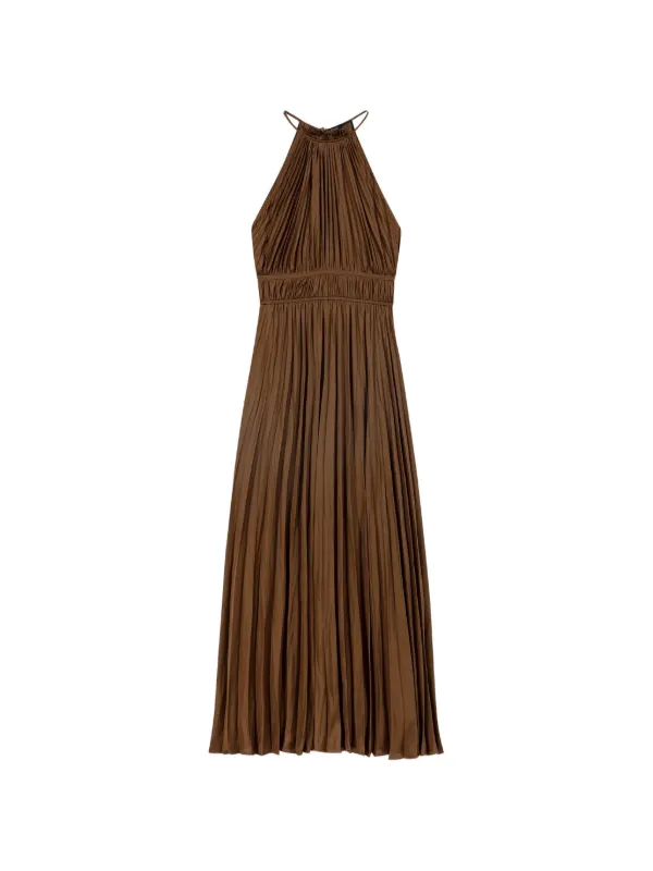 h&m pleated halter neck dress Maje Pleated Halterneck Midi Dress | Brown