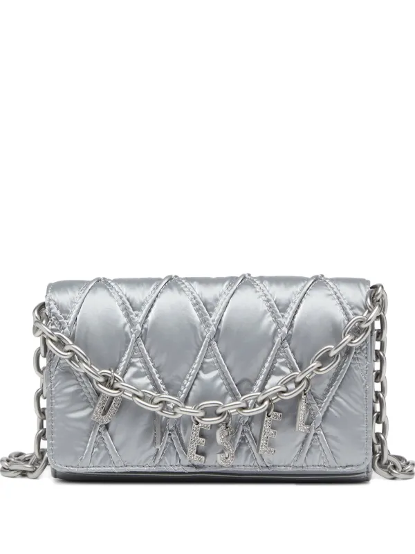 DIESEL メタリックシルバー ハンドバッグ Diesel Charm-D キルティング 