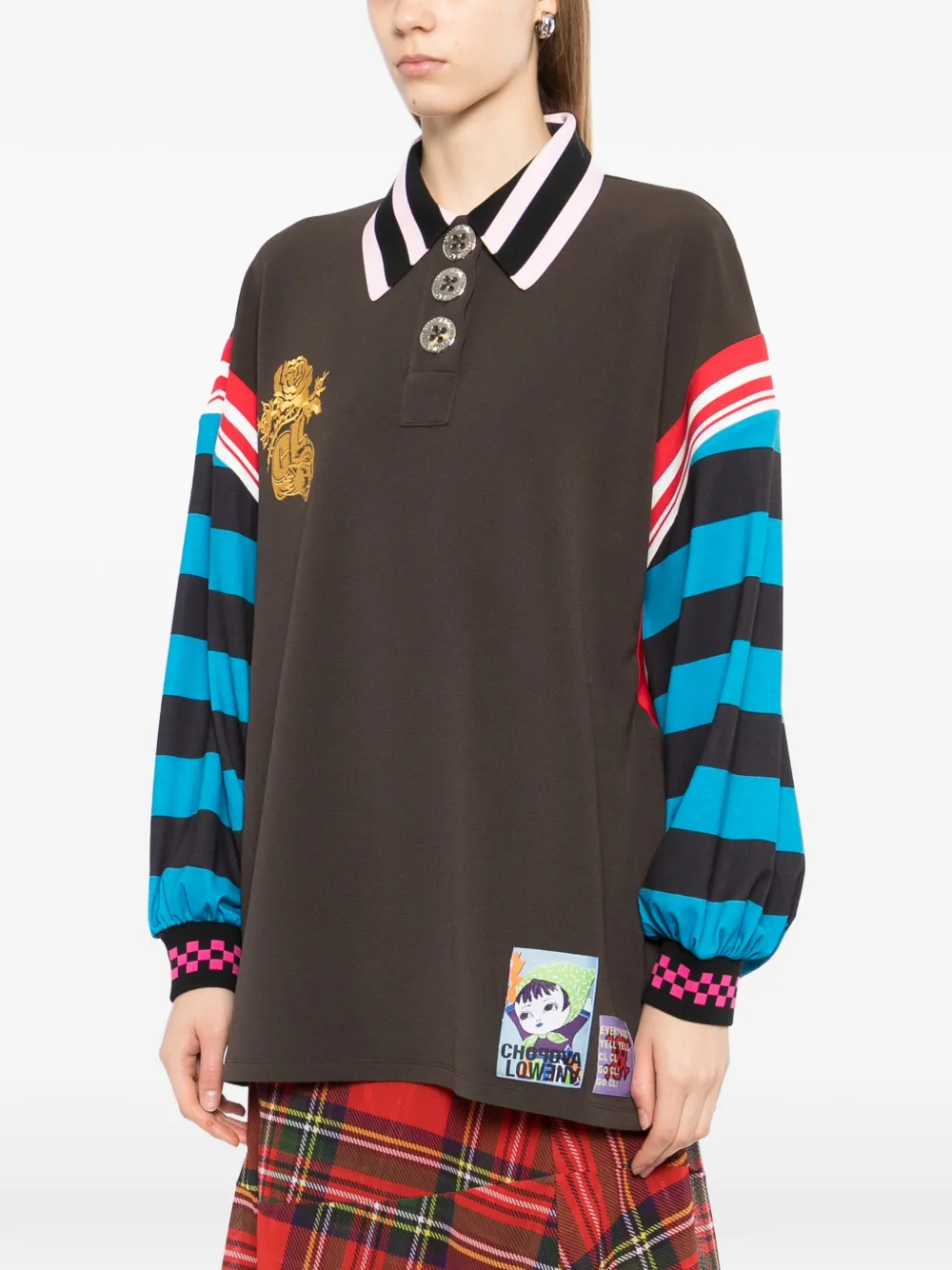  Chopova Lowena Striped Embellished Polo Top - Brown 