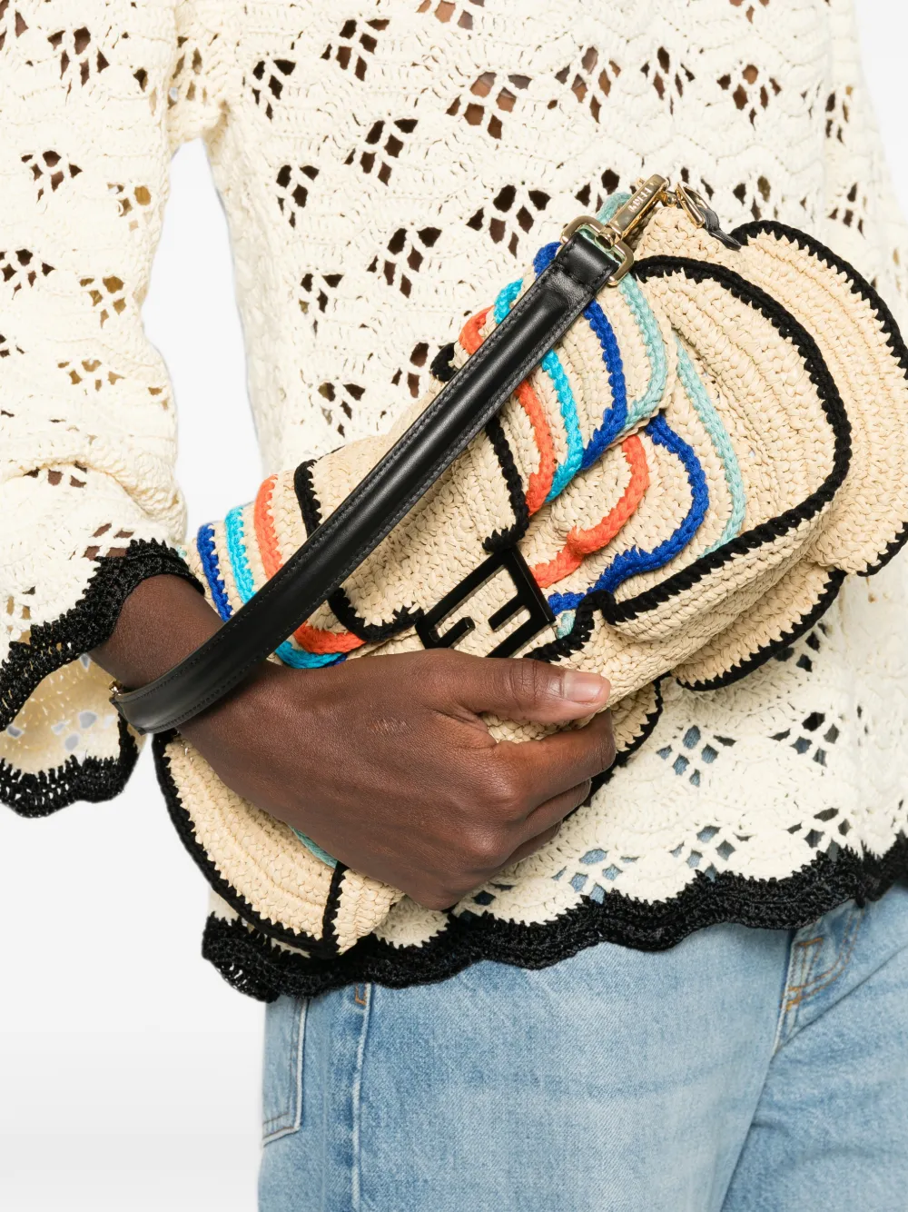 FENDI Baguette schoudertas met raffia-effect Beige