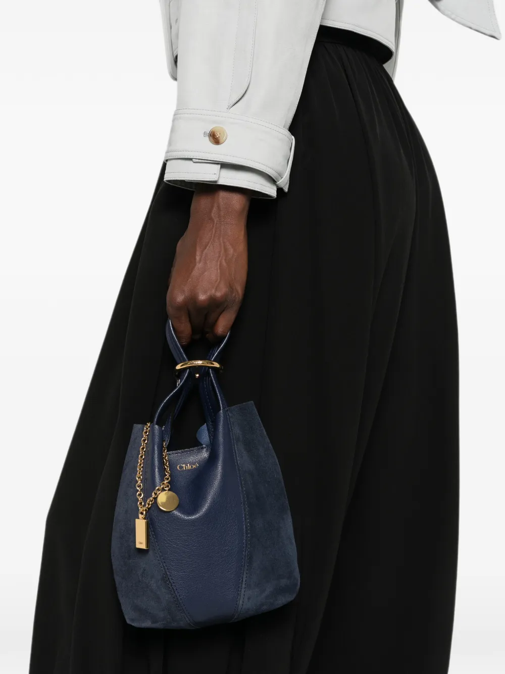 Chloé Small Chloé Spin Tote Bag in Grained & Suede Leather in Blue, view 2