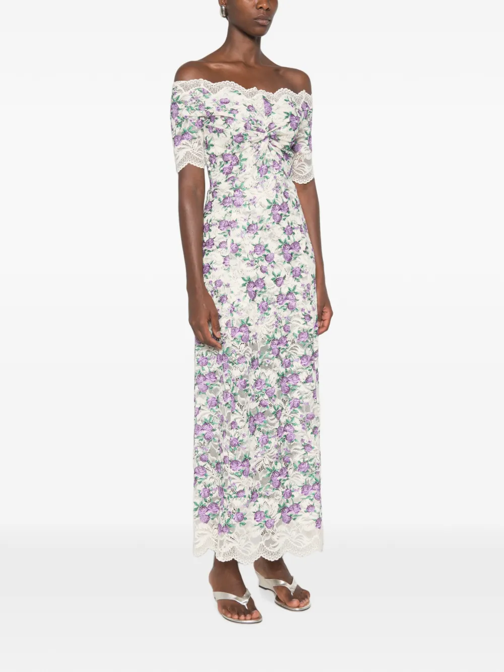 Rabanne Midi-jurk met geborduurde bloemen en kant Beige