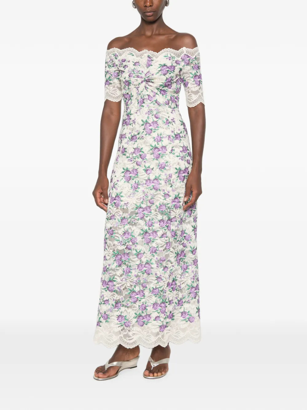 Rabanne Midi-jurk met geborduurde bloemen en kant Beige
