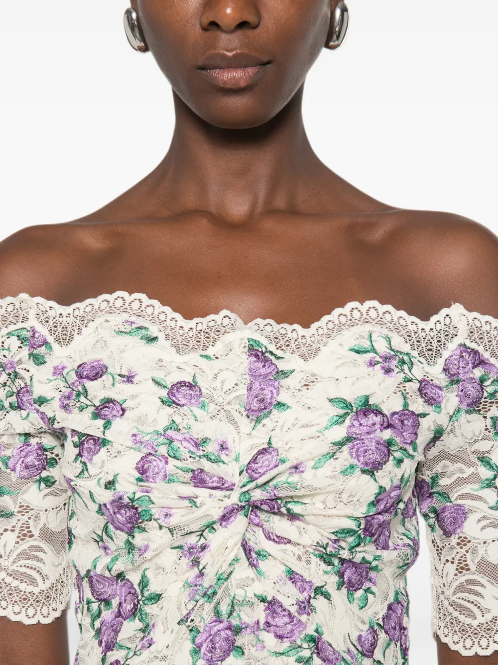 Rabanne Midi-jurk met geborduurde bloemen en kant Beige